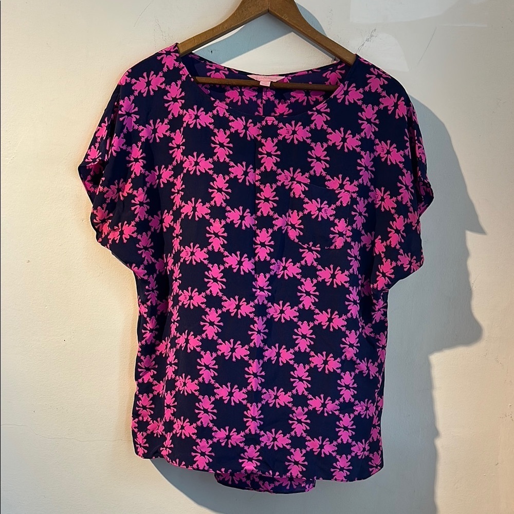 Lilly Pulitzer Allover Frog Print Pink and Black Women's Silk Top